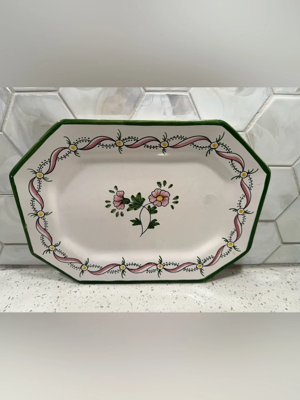 Vintage FFA Marques Malviera Portugal Hand Paint Floral Octagon Serving Platter